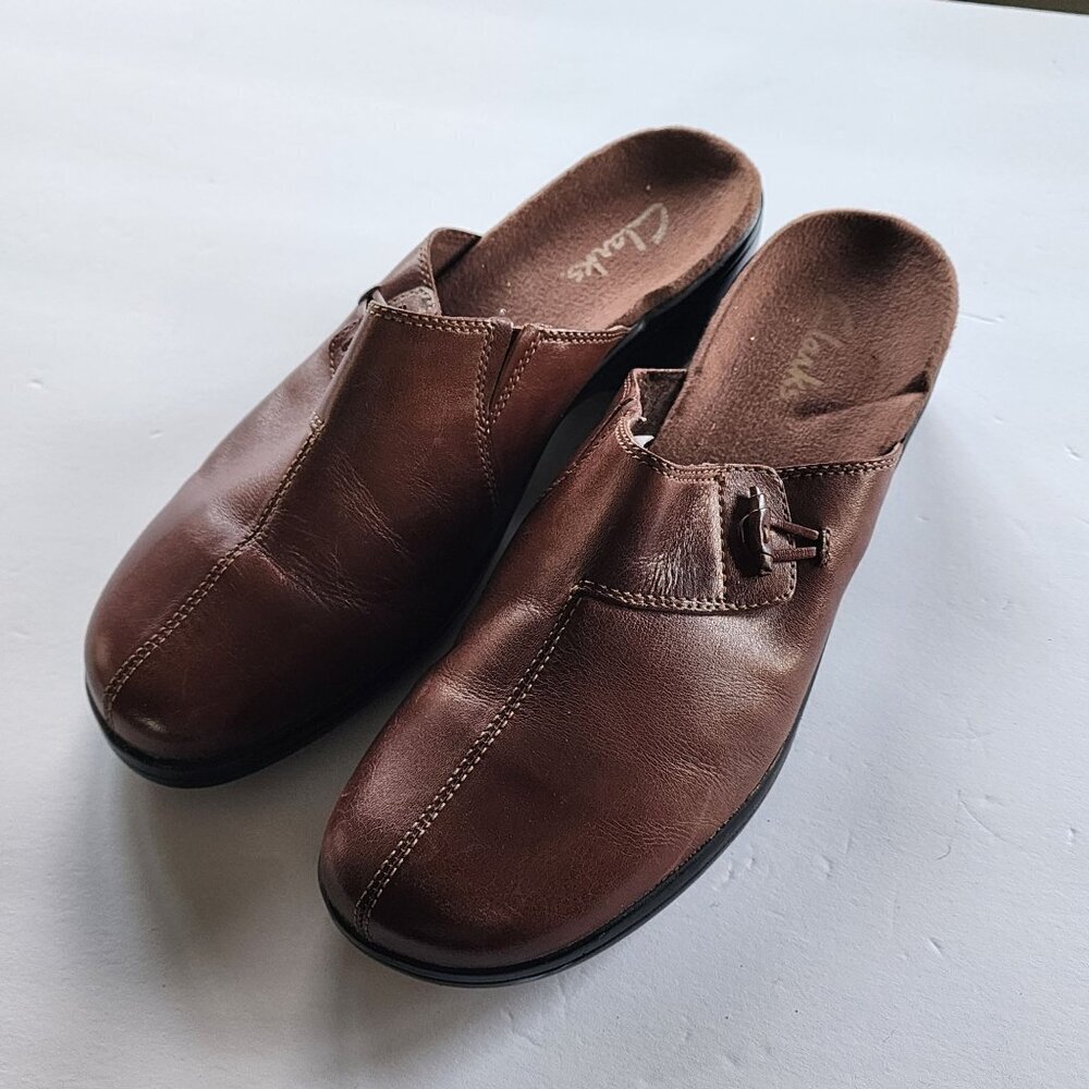Clarks Brown Leather Mules Slip On Shoes sz 9 Women